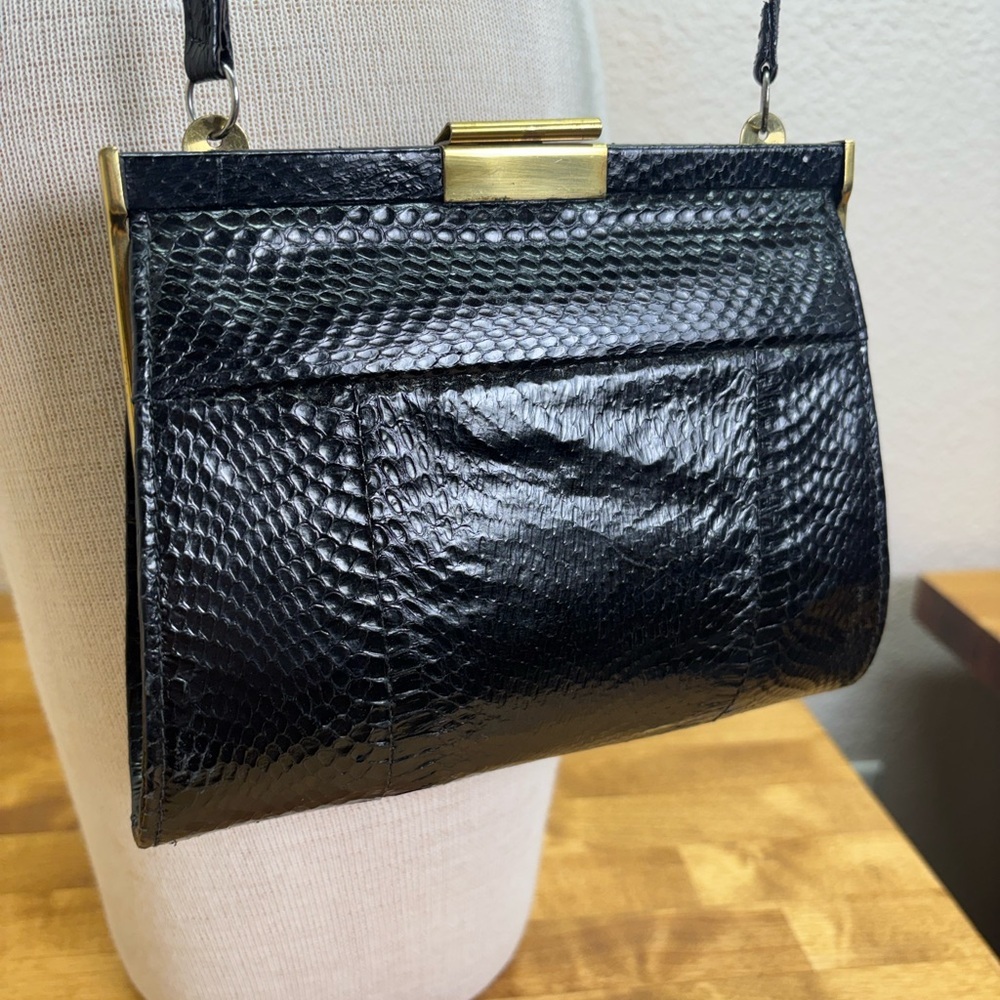 Vintage Black Genuine Lizard Skin Frame Bag - Suede Lined - Picture 11 of 13